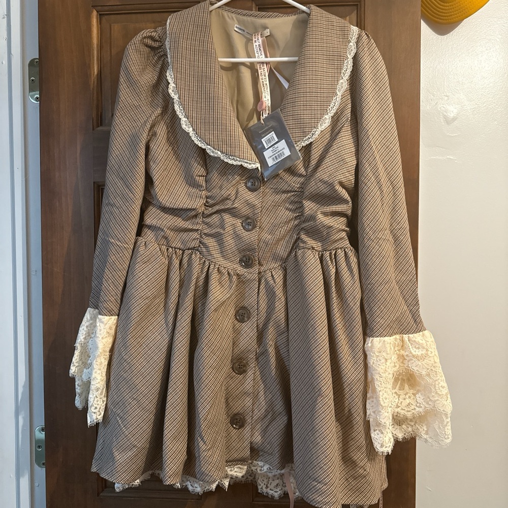House of CB Brown Long Sleeve Dress with Lace Trim